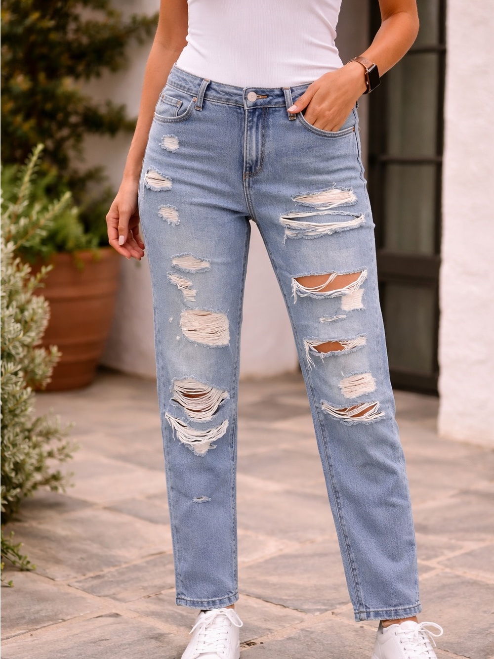 PAIGE Light Blue Distressed Boyfriend Jeans